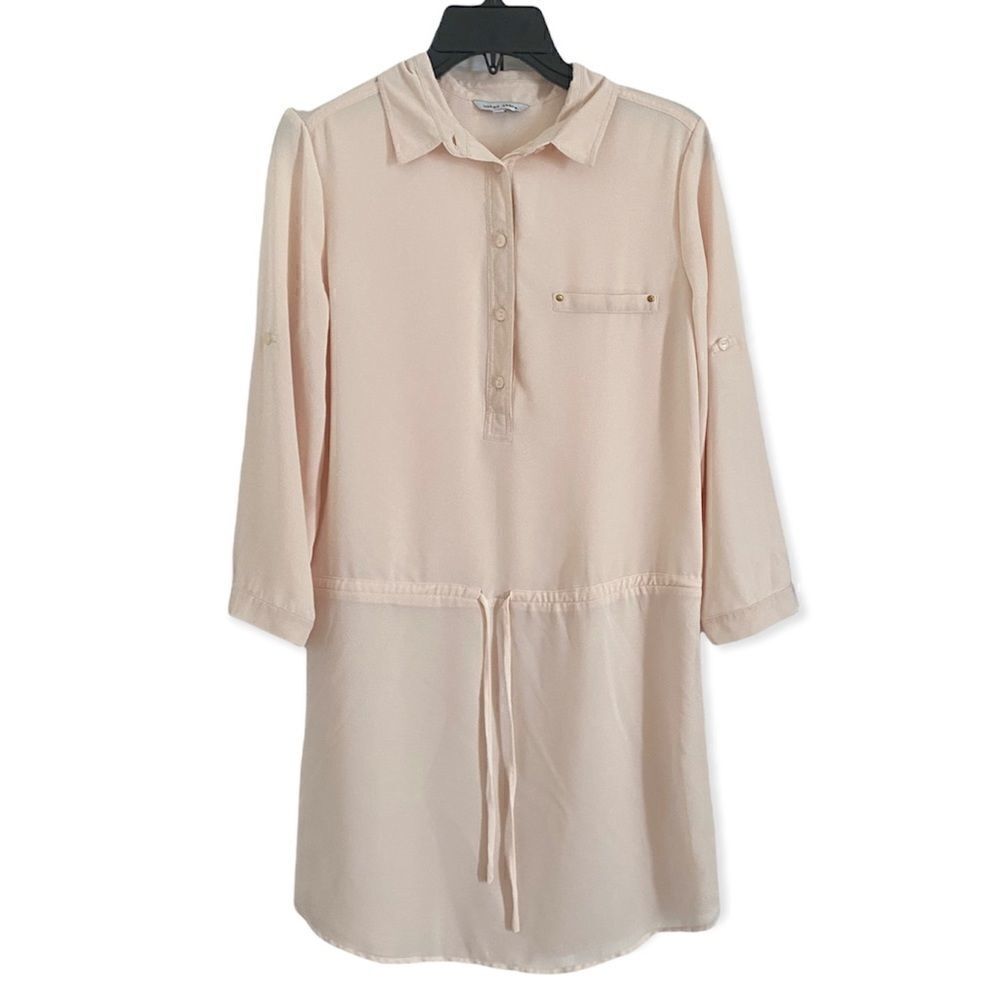 Naked Zebra Greige Roll Tab Sleeve Dress Top Mini Shirt Beige cream size small S